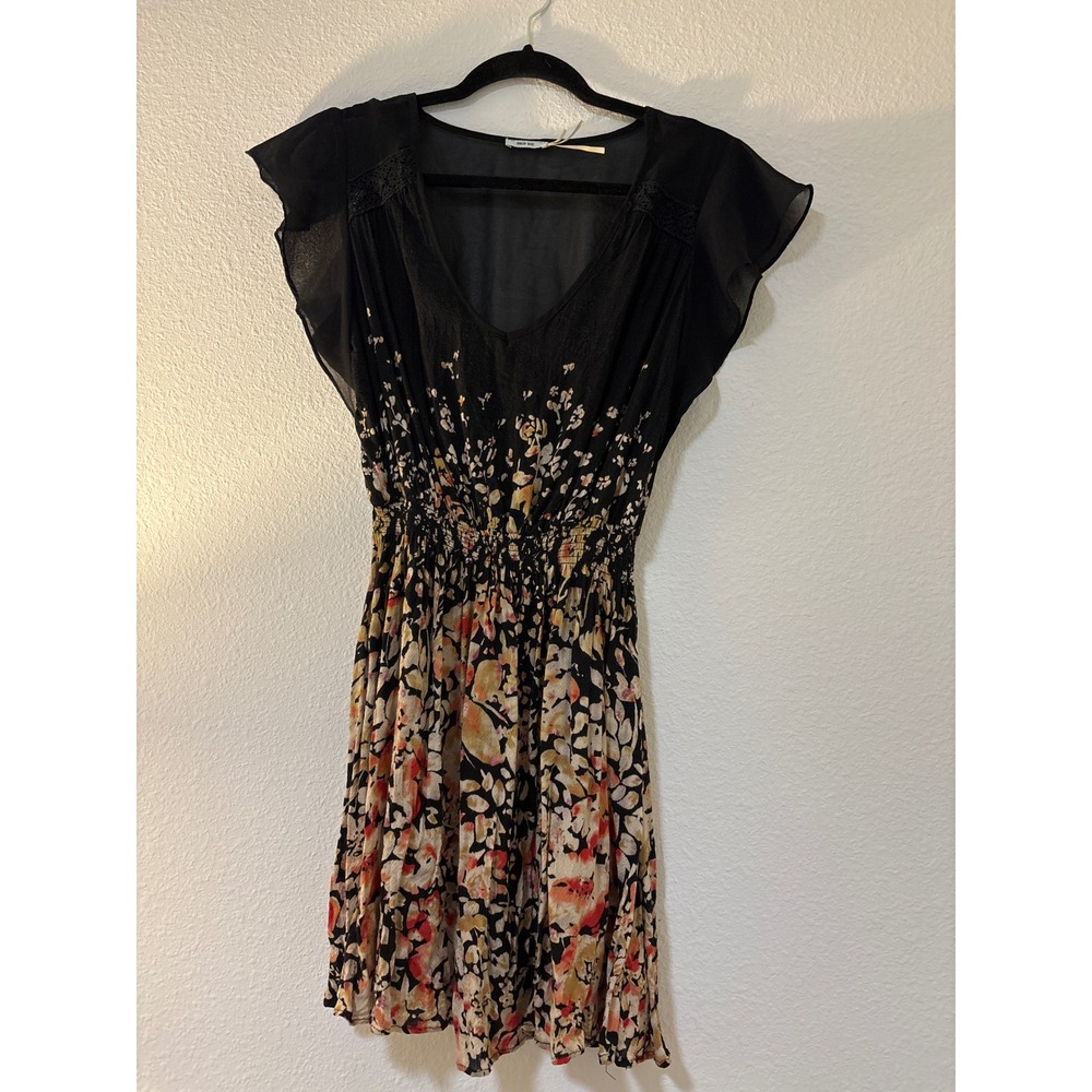 Kimchi Blue Black Floral Smocked Waist Mini Dress V-Neck Flutter Sleeve Small